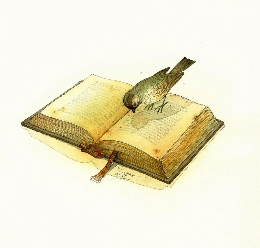 Ilustración de un ave leyendo un libro, por: Kestutis Kasparavicius